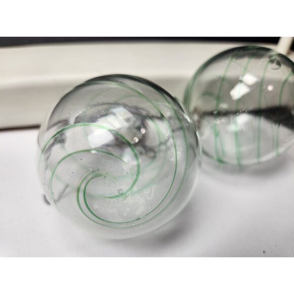 Handblown Clear Art Glass Ornaments Green Swirl Set of 2 Applied Loop Tops 2.5" - Picture 3 of 7
